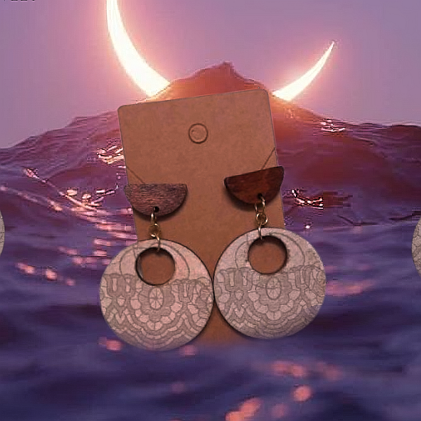 Elegant Wooden Circle Earrings with Cursive Writing and Bird Motif